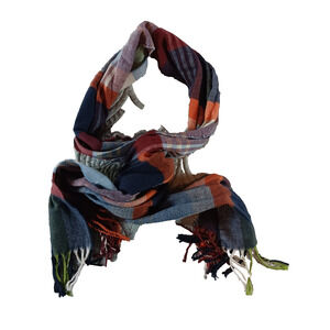100% Cashmere Made In Scotland Multicolor  Plaid 64" Scarf‎ Fringe